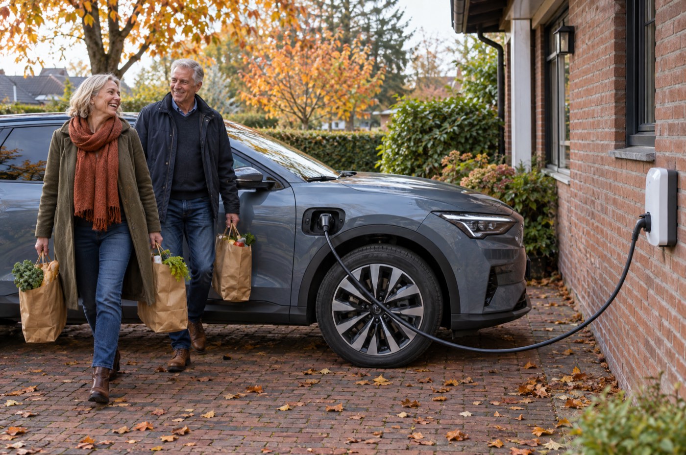 Een stel loopt lachend met boodschappen over de oprit, hun auto laadt aan de laadpaal op de gevel