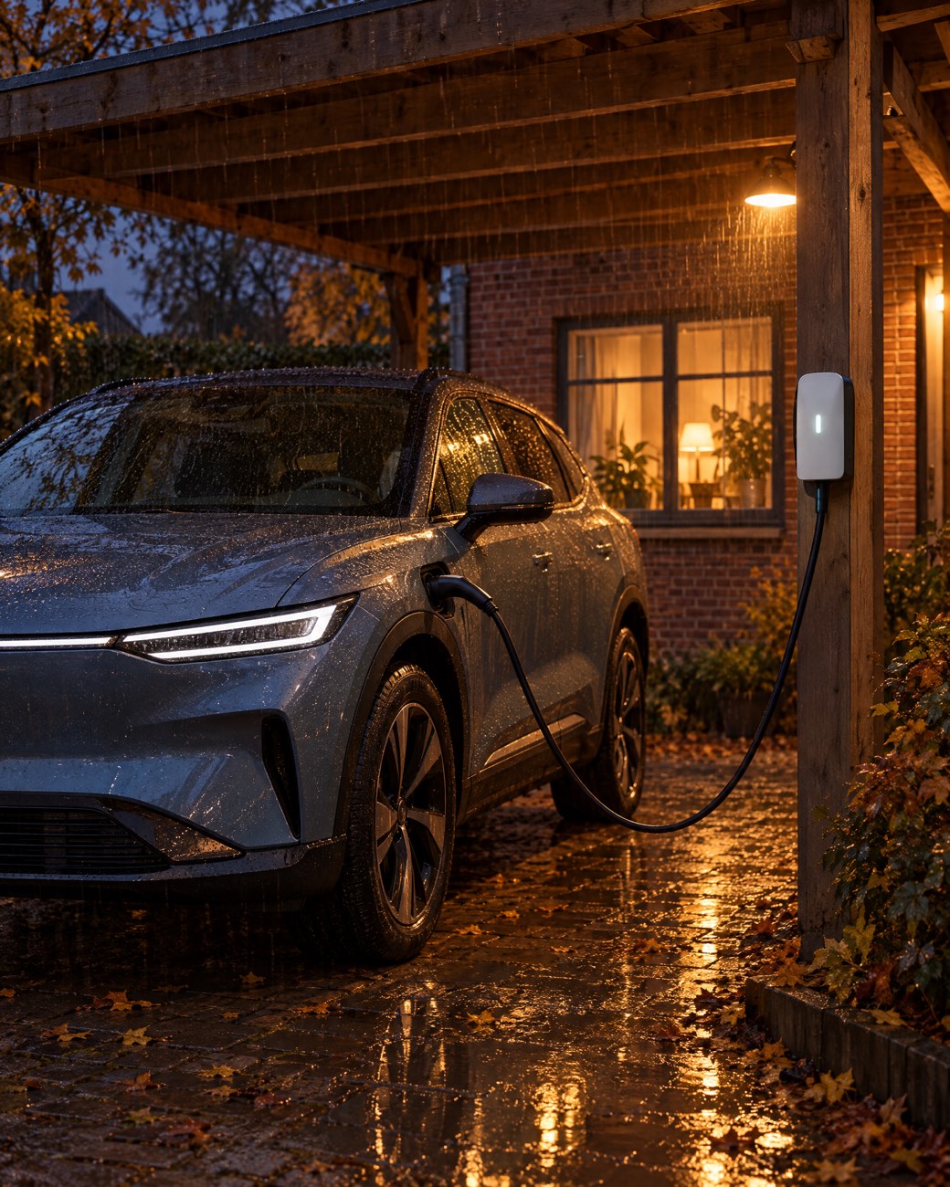 Elektrische auto laadt 's avonds onder een houten carport, de kabel loopt van de laadpaal naar de poort voorop