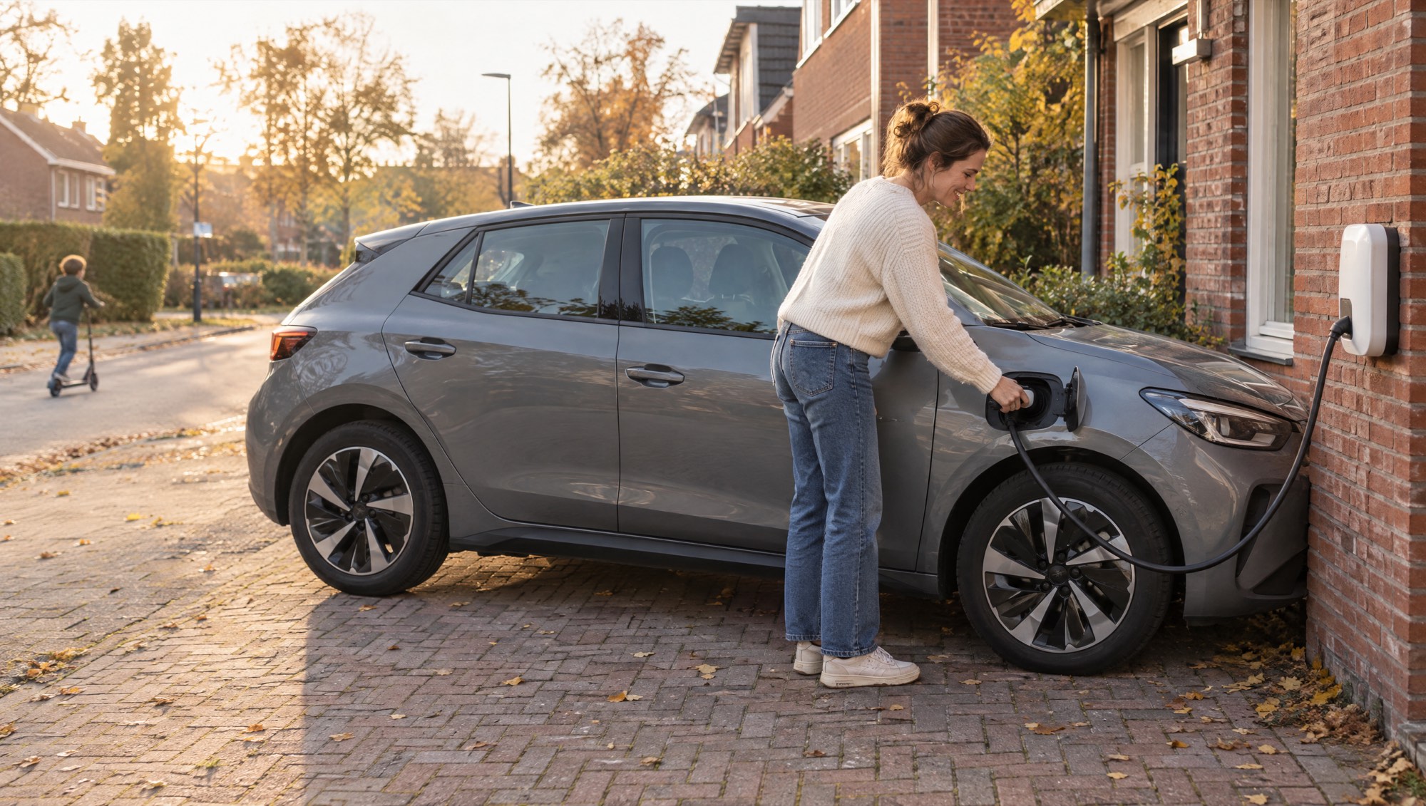 Een vrouw steekt lachend de laadstekker in de laadpoort op het voorspatbord van haar auto, de kabel komt van de laadpaal aan de gevel