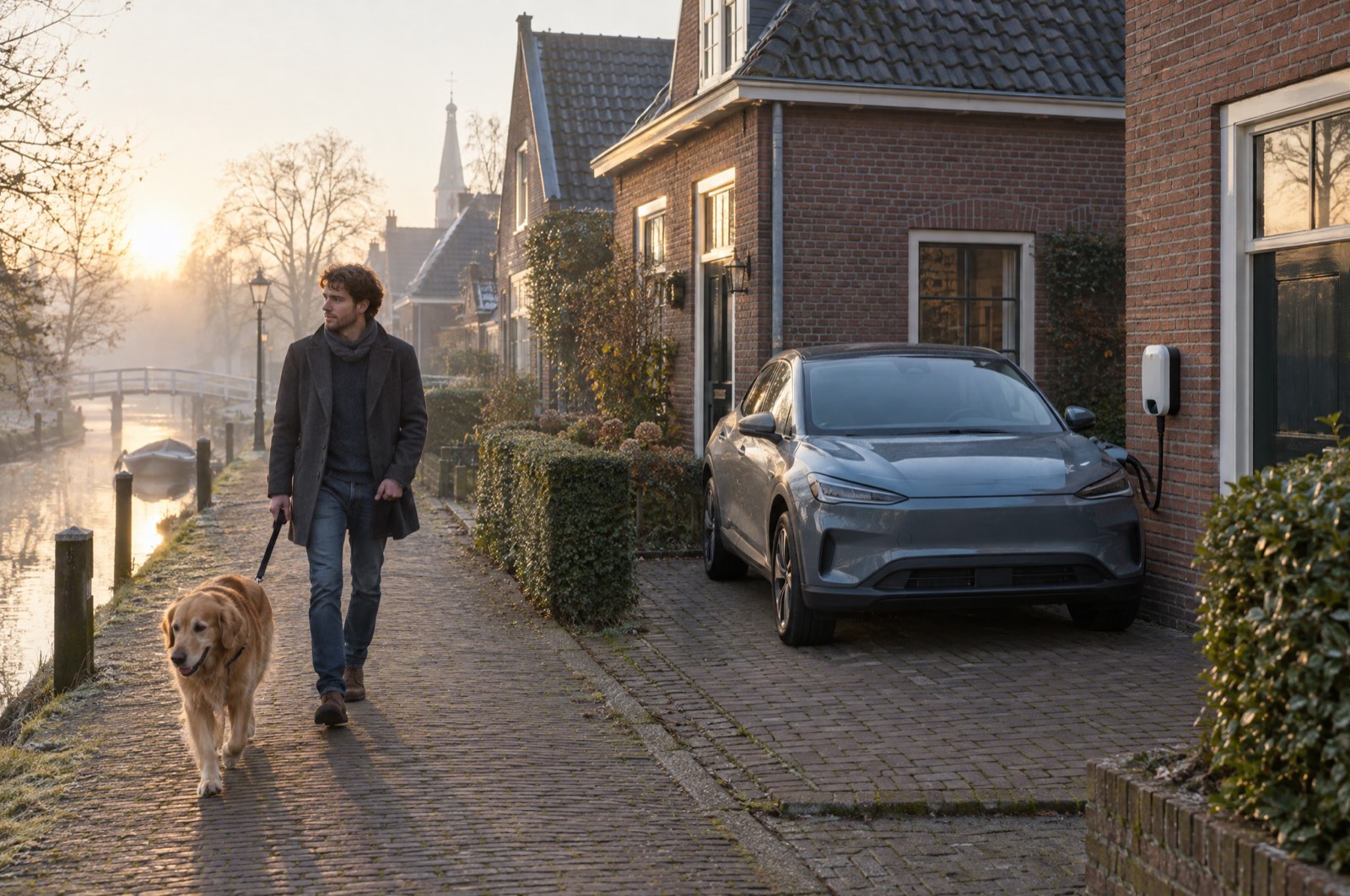 Ochtend in een Nederlands dorp, een man laat zijn hond uit langs een laadende auto