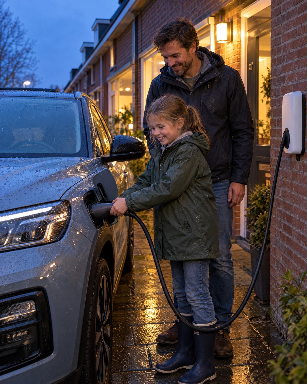 Een meisje steekt de laadstekker in de poort op het voorspatbord, haar vader kijkt lachend mee