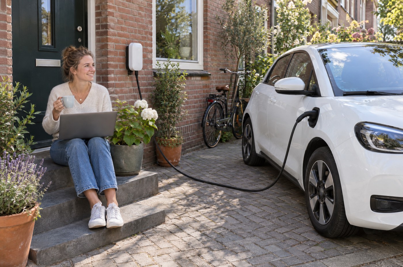 Een jonge vrouw zit met thee en laptop op de stoep voor haar huis