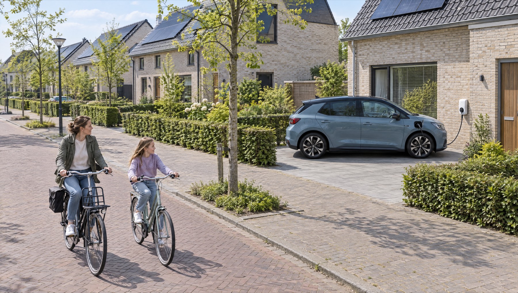 Woonwijk met zonnepanelen en laadpalen